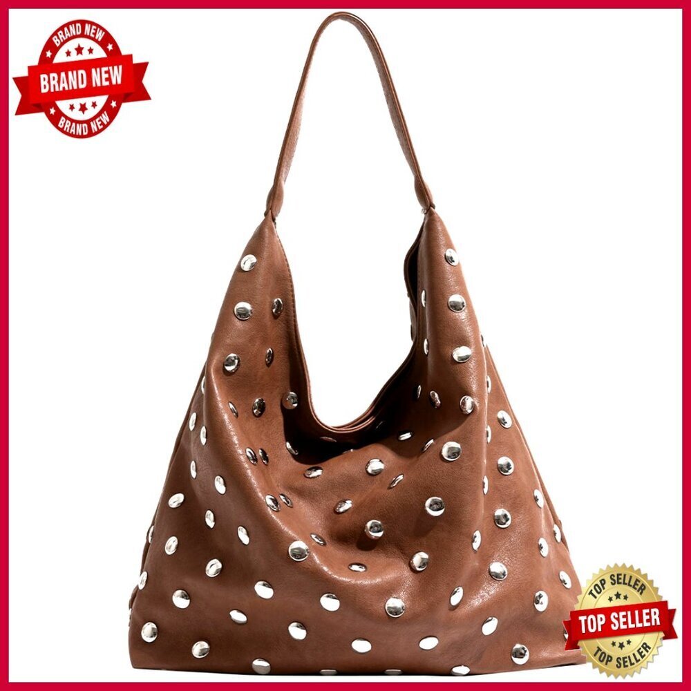 Large Vegan Leather Studded Hobo Bag with Shoulder Strap Tote Purse
